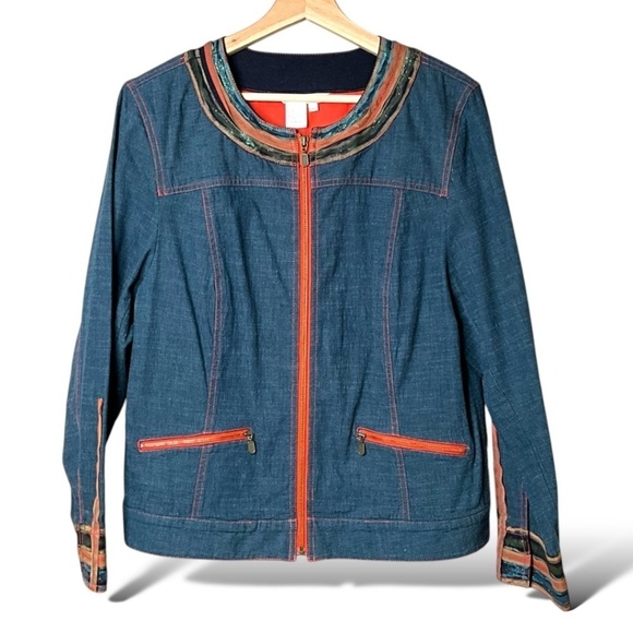 SPANNER Cotton Denim Full Zip Jacket Ribbon Trim Front Pockets Collarless Sz 16 - Picture 1 of 7